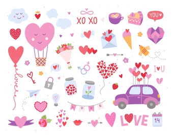 May include: A collection of Valentine's Day themed illustrations. Includes hearts, balloons, a bouquet of flowers, a car with heart balloons, a coffee cup, cake, and the word "LOVE".