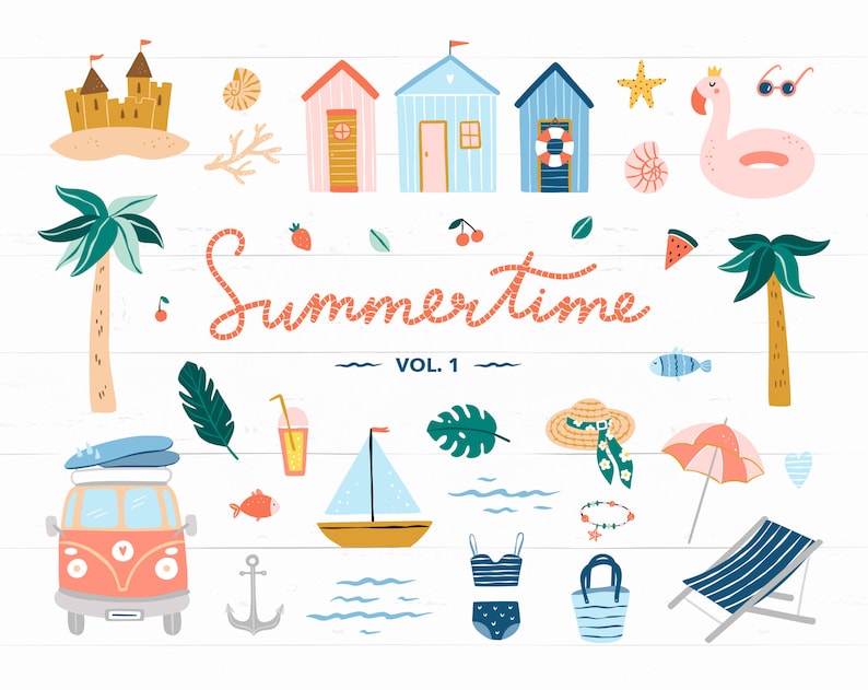 May include: A set of colorful summer themed illustrations, including a beach hut, palm trees, a sailboat, a beach chair, a watermelon, a flamingo, a surfboard, a castle, a van, a life preserver, a fish, an anchor, a hat, a necklace, a swimsuit, a bag, and a beach umbrella. The text "Summertime Vol. 1" is written in a red and white rope-like font.