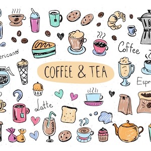 Puede incluir: Una ilustraci&oacute;n dibujada a mano de art&iacute;culos relacionados con el caf&eacute; y el t&eacute;, incluyendo tazas, jarras, granos de caf&eacute;, pasteles y una tetera. La ilustraci&oacute;n es de estilo de dibujos animados y presenta una variedad de colores, incluyendo azul, verde, rojo y amarillo. El texto "Coffee & Tea" est&aacute; escrito en el centro de la imagen.