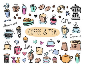 Süße Kaffee Clipart, Handgezeichnete Café Doodles (PNG, EPS)