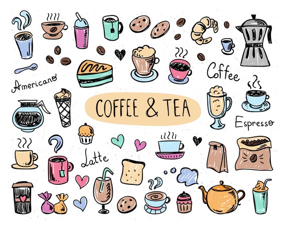 Cute Coffee Clipart, Hand Drawn Cafe Doodles (PNG, EPS)
