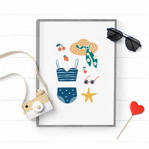 May include: A framed print with a white background and illustrations of summer vacation items. The items include a straw hat with a green floral scarf, a blue and white striped swimsuit top, a blue swimsuit bottom with white polka dots, a pair of sunglasses, a red strawberry, a red cherry, a starfish, and a pair of pink sunglasses.