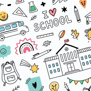 May include: A hand-drawn illustration of school supplies and buildings on a grid paper background. The illustration includes a school bus, a school building, a pencil, a bell, a graduation cap, a ruler, a backpack, a book, a lightbulb, a beaker, a star, a heart, a diamond, a rainbow, and the words "I love school".