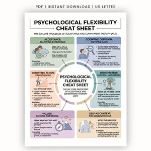 Può includere: Un foglio di riferimento in PDF sulla flessibilità psicologica che delinea i sei processi fondamentali della terapia di accettazione e impegno. Il grafico presenta sei sezioni codificate a colori con illustrazioni e testo che spiegano l'accettazione, la defusione cognitiva, la presenza, il sé come contesto, i valori e l'azione impegnata.