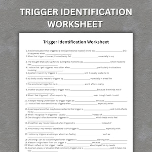 Może przedstawiać: Biała karta pracy zatytułowana "Trigger Identification Worksheet" z pytaniami do uzupełnienia. Tekst jest czarny. Karta pracy ma na celu pomóc w identyfikacji wyzwalaczy i zrozumieniu reakcji emocjonalnych.