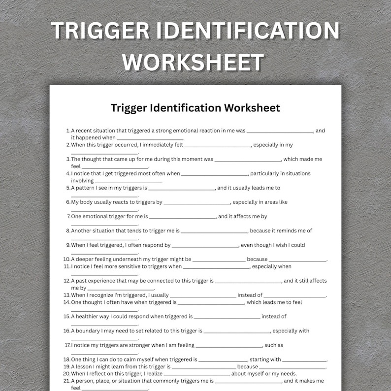 trigger identification worksheet printable, emotional trigger tracker pdf, CBT emotional awareness worksheet, anxiety trigger journal prompts, therapy worksheet printable pdf, emotional regulation worksheet, mental health printable worksheet, self awareness trigger tracker, trauma trigger worksheet pdf, emotional response tracker printable