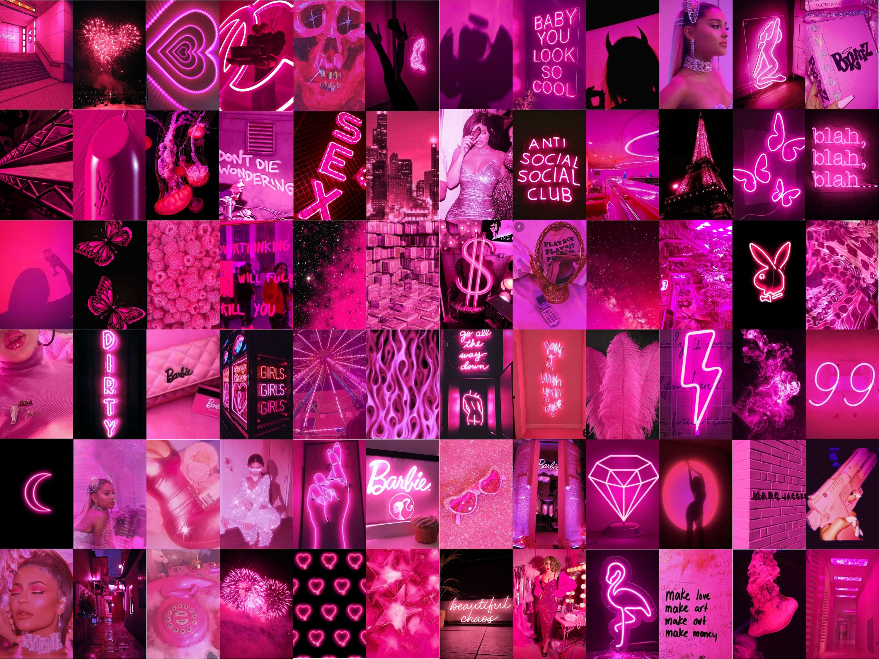 100 Neon Pink Wall Collage Kit, Pink Aesthetic Photo Prints, Neon