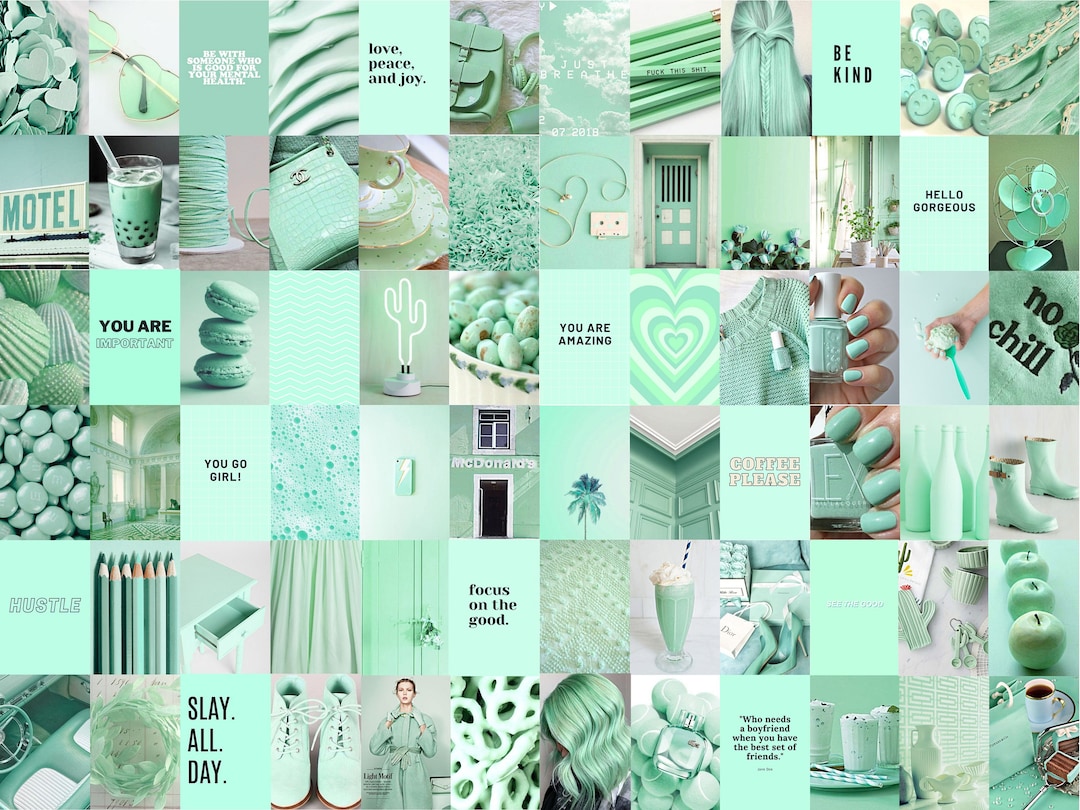 100 Mint Green Collage Kit, Green Pastel Wall Collage, Mint Aesthetic