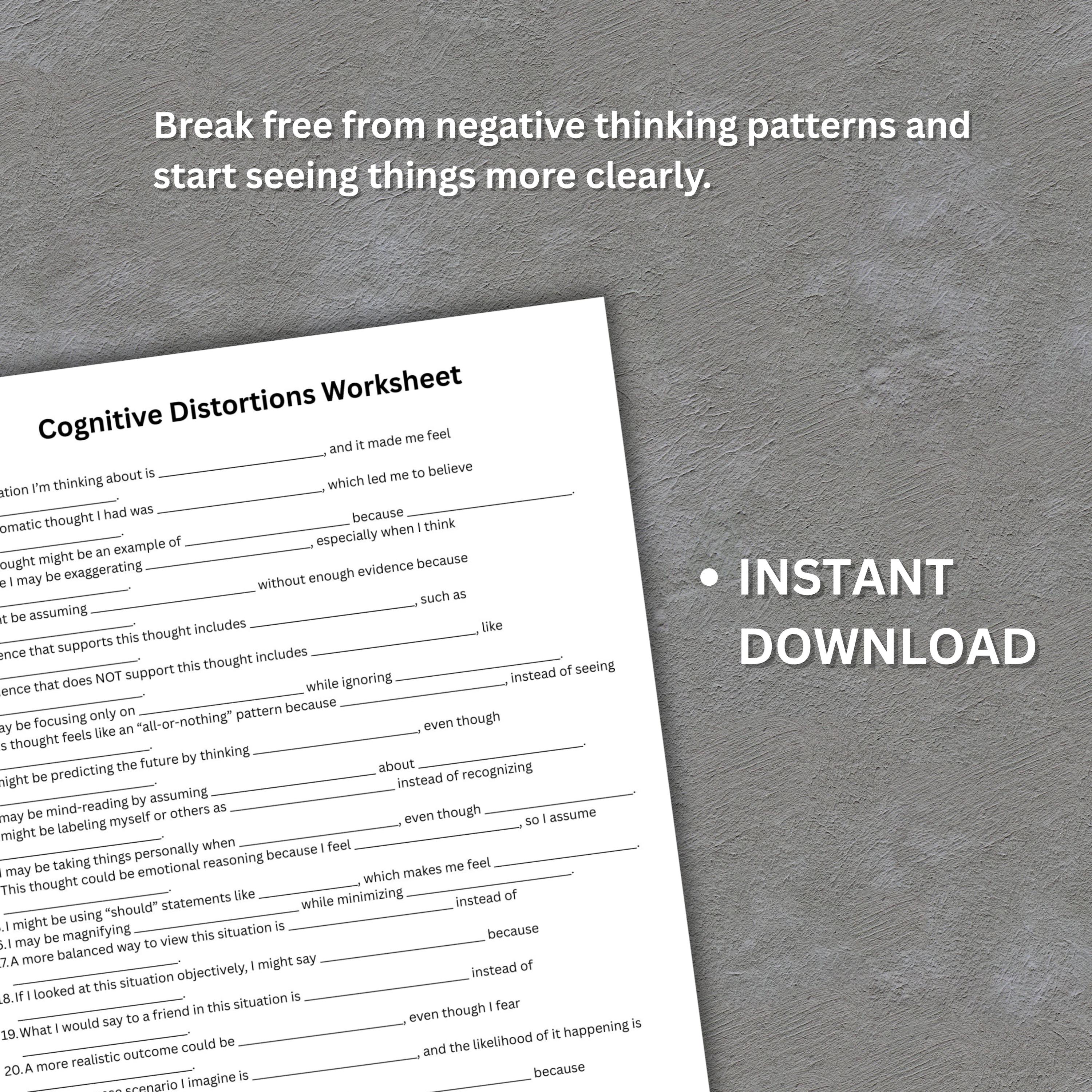 Cognitive Distortions Worksheet Printable, CBT Worksheet PDF, Thought ...