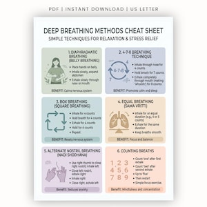 May include: A digital document titled Deep Breathing Methods Cheat Sheet, featuring six techniques for relaxation. Each section includes a numbered heading, descriptive text, and icons, organised in a grid with pastel-coloured backgrounds.