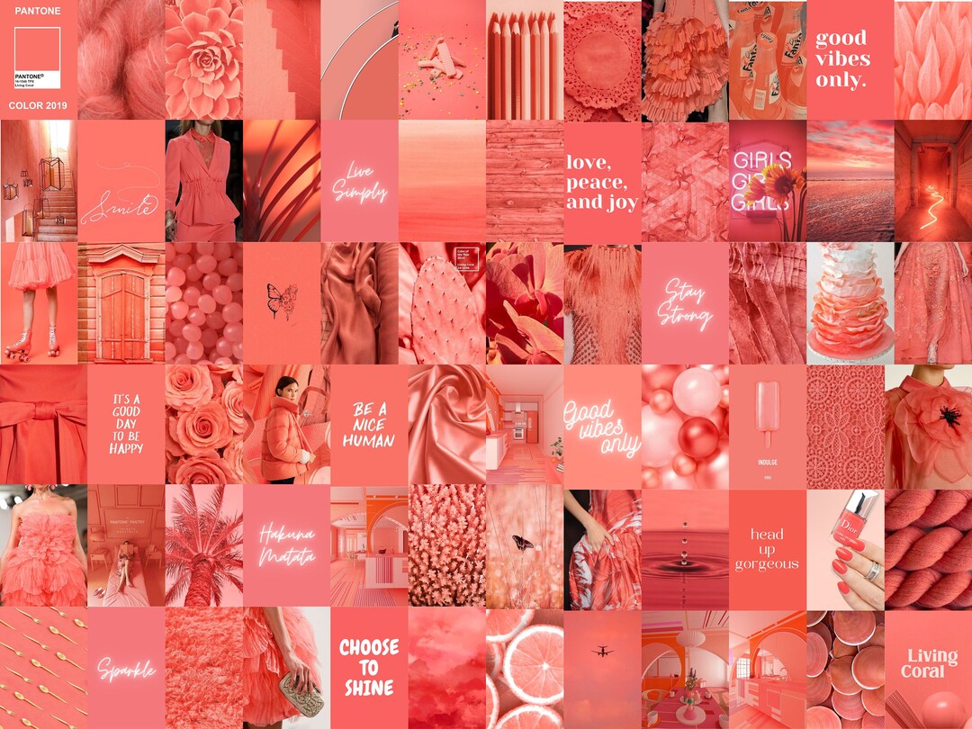 100 Coral Pink Collage Kit, Coral Pink Wall Collage, Coral Pink