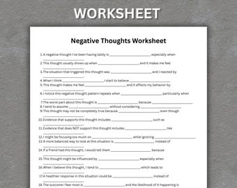Negative Thoughts Worksheet, CBT Thought Reframing PDF (Digital Download)