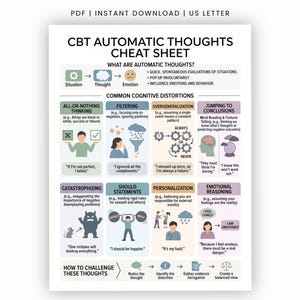 May include: A CBT Automatic Thoughts Cheat Sheet document featuring a grid of common cognitive distortions. The chart includes sections for all-or-nothing thinking, filtering, overgeneralization, jumping to conclusions, catastrophizing, should statements, personalization, and emotional reasoning with illustrations.