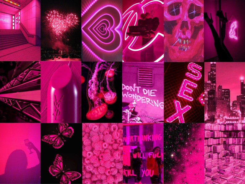 100 Neon Pink Wall Collage Kit Pink Aesthetic Photo Prints - Etsy