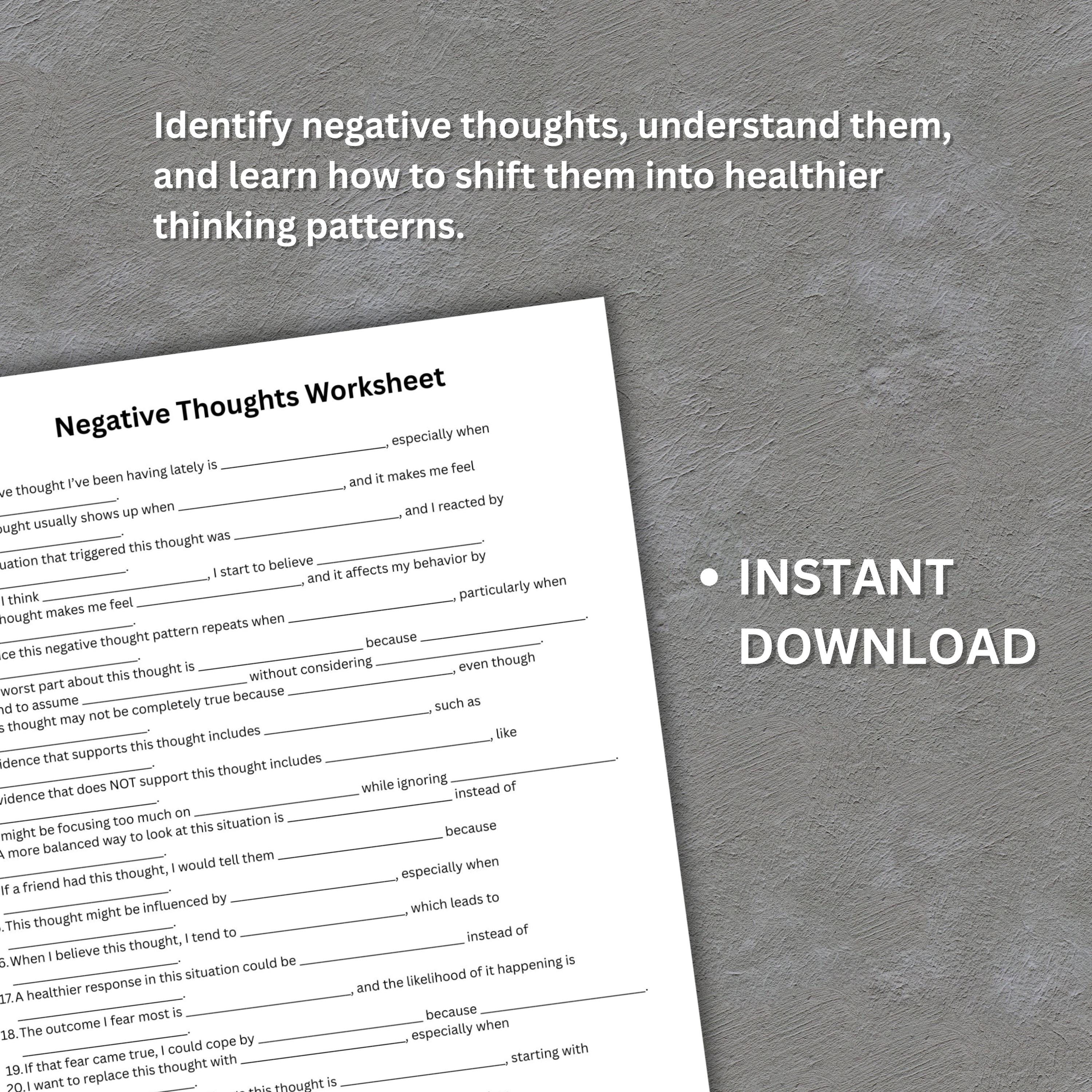 Negative Thoughts Worksheet, CBT Thought Reframing PDF (digital ...
