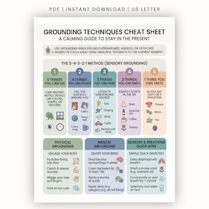 Grounding Techniques Cheat Sheet PDF, Anxiety Coping Skills Handout, Therapy Cheat Sheet, DBT CBT Grounding Exercises, Mental Health Print