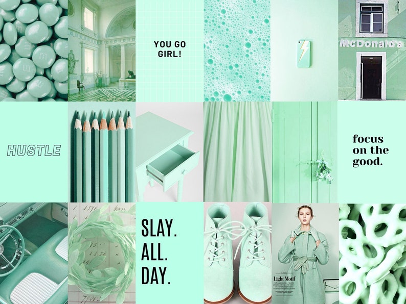 100 Mint Green Collage Kit, Green Pastel Wall Collage, Mint Aesthetic Wall Prints, Mint Green Photo Collage Prints Digital Download image 3