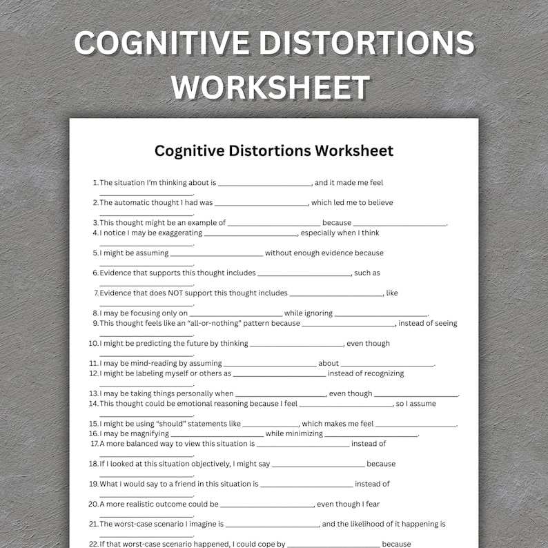Cognitive Distortions Worksheet Printable, CBT Worksheet PDF, Thought ...