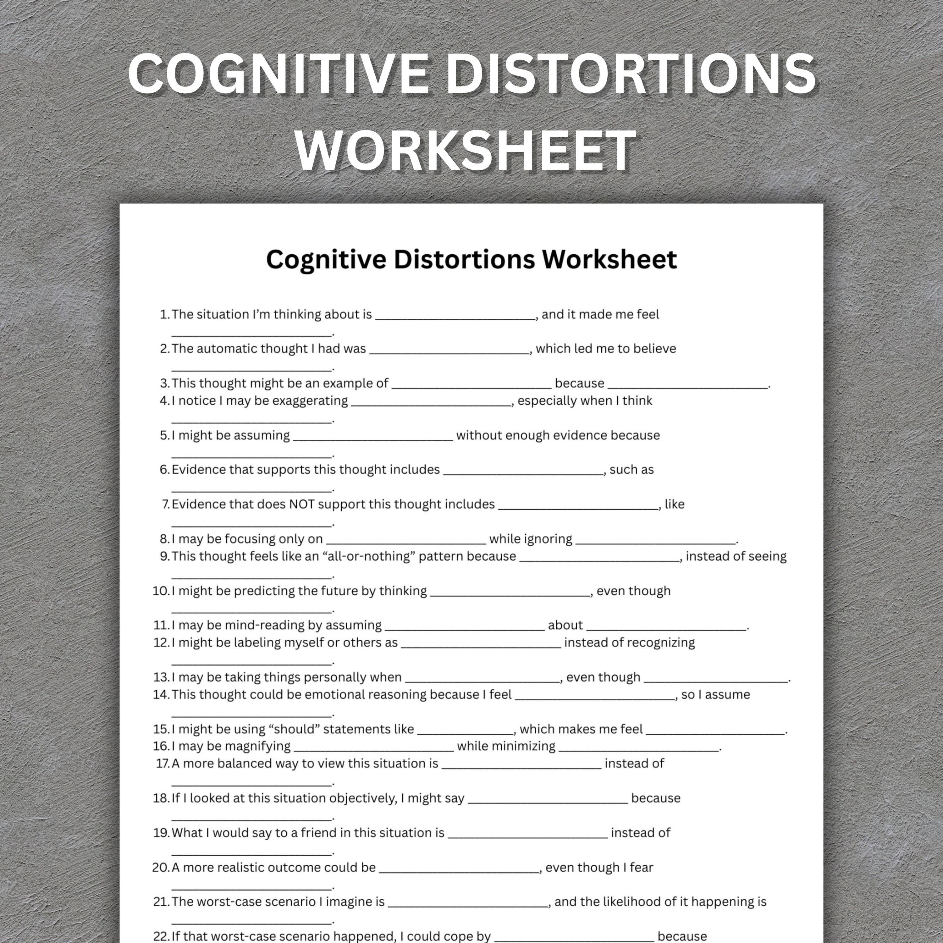Cognitive Distortions Worksheet Printable, CBT Worksheet PDF, Thought