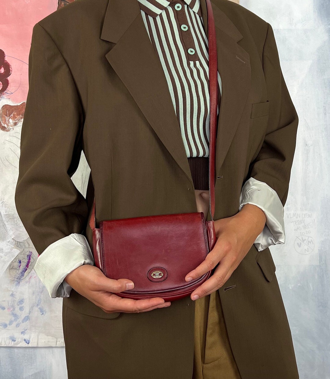 Celine Vintage Mini Burgundy Bag, Authentic Celine Bag for Women with Long Handle to Hang on The Shoulder. Celine Vintage 80s