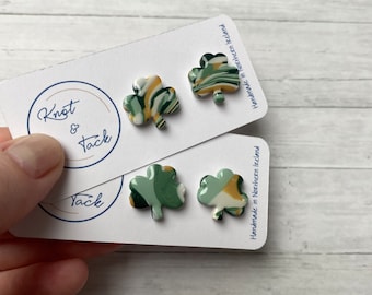 Irish landscape inspired shamrock marbled studs polymer clay in forest green, grass green and yellow gold | saint patricks day | paddys day