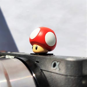May include: A red and white mushroom-shaped hot shoe cover featuring a smooth, rounded cap with white spots and a tan base with black eyes, mounted onto the top of a black camera body with the Sony brand name and alpha symbol visible.