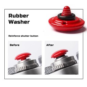 May include: A red rubber washer for a camera shutter button. The image includes the text Rubber Washer and Reinforce shutter button, with two comparison panels labeled Before and After showing the red button installed on a silver camera.