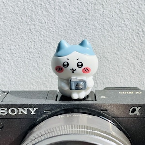 May include: A white and blue cat figurine holding a miniature camera, with pink blush marks on its cheeks. The figurine is perched on top of a black Sony camera.