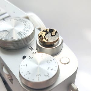 May include: A circular metal camera shutter release button featuring a gold-colored relief of a crashing wave on a dark textured background, attached to the top of a silver camera body with visible exposure and compensation dials.
