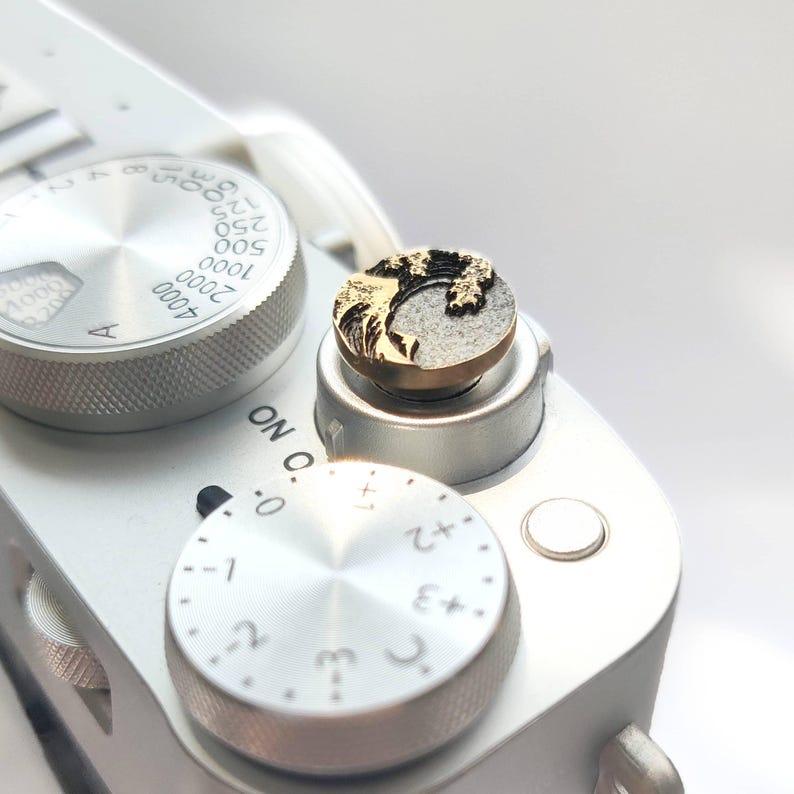 May include: A circular metal camera shutter release button featuring a gold-colored relief of a crashing wave on a dark textured background, attached to the top of a silver camera body with visible exposure and compensation dials.