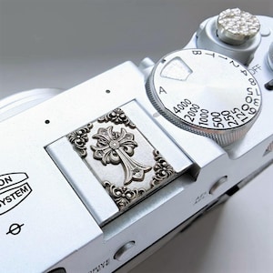Gothic Cross Camera Hot Shoe Cover, Baroque Brass Accessory (Fujifilm, Leica, Sony)