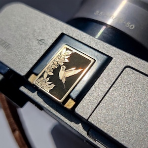 Hummingbird Camera Hot Shoe Cover: Engraved Brass Camera Accessory