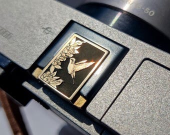 Hummingbird Camera Hot Shoe Cover: Engraved Brass Camera Accessory