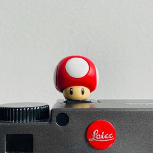 May include: A small red and white mushroom-shaped figure with a tan face and black eyes, positioned on top of a dark grey camera body. The camera features a circular red logo with the white text Leica printed in a cursive script on the front.