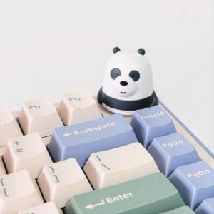 May include: A white and black panda-shaped keycap sits atop a pastel-colored mechanical keyboard. The keyboard features light blue, green, and cream-colored keys with function labels. The panda keycap adds a playful touch to the keyboard.