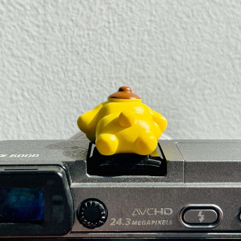 May include: A yellow, rounded character figurine with a brown, dome-shaped top, positioned on the hot shoe mount of a gray digital camera. The camera body features visible text including "6000", "AVCHD", and "24.3 MEGAPIXELS" on its metallic surface.