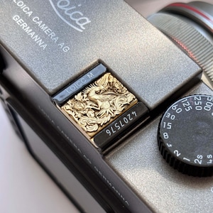 May include: Close-up of a silver Leica camera with a gold-colored decorative plate featuring a detailed relief of a bird and floral design. The camera has a black dial with white numbers and the text "LOICC M" and "4207576".