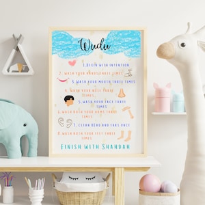 May include: A colorful printable poster with instructions for performing Wudu, a ritual washing in Islam. The poster features illustrations of hands, mouth, nose, face, arms, head, ears, and feet.