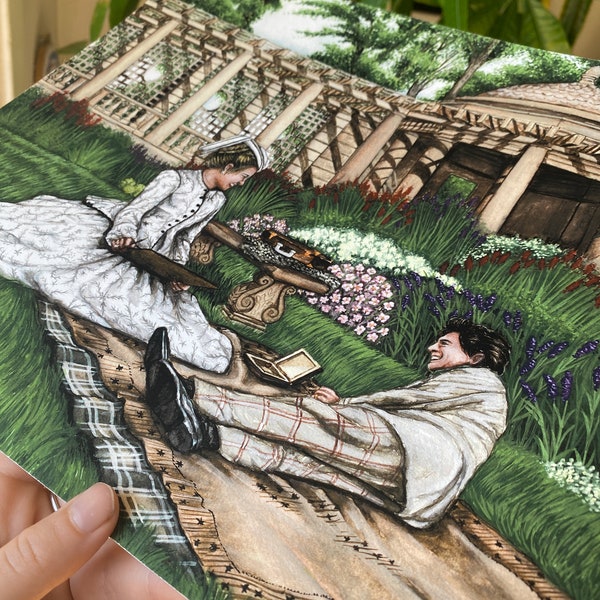 Little Women Movie PRINT, Watercolor painting with Timothée Chalamet and Florence Pugh in Parisian garden