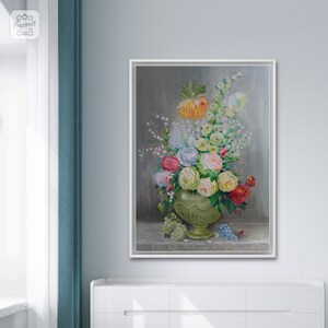 Tableau peint avec des fleurs, bouquet, huile sur toile, art fleuri, décoration murale originale pour maison simple, image aux couleurs douces, cadeaux.
