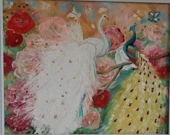 Painted painting , Peacocks, oil on cardboard, home decor, gifts,one 40x50cm.