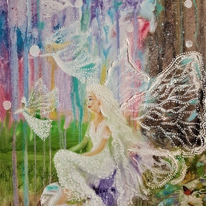 Pintura pintada, romance, fantasia, fadas realizam seus sonhos, óleo sobre tela em papelão, decoração para casa, presentes, original.