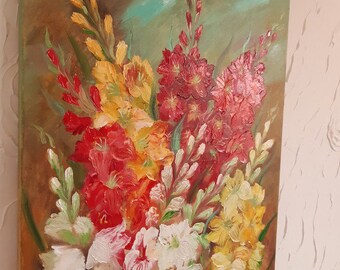 花のグラジオラスを描いた絵画。キャンバスに油絵。オリジナル