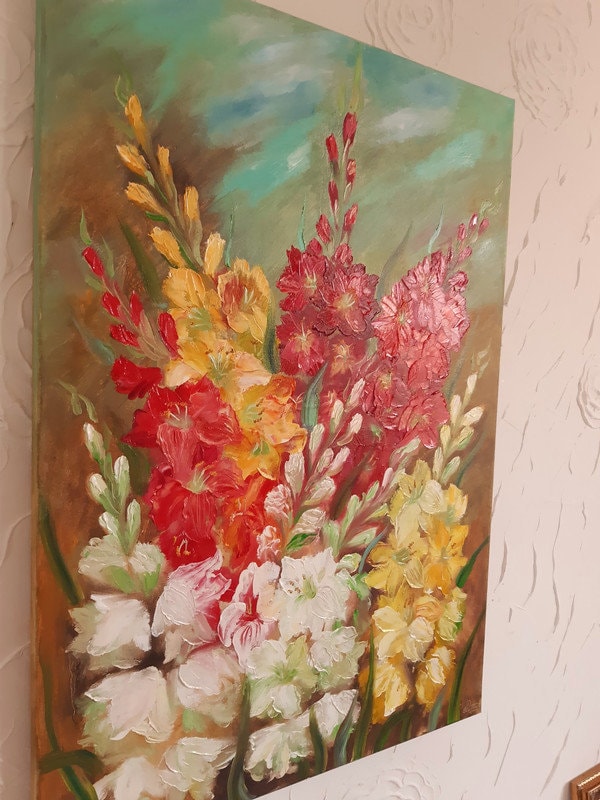 絵画 油絵　グラジョウラス 花のグラジオラスを描いた絵画。キャンバスに油絵。オリジナル