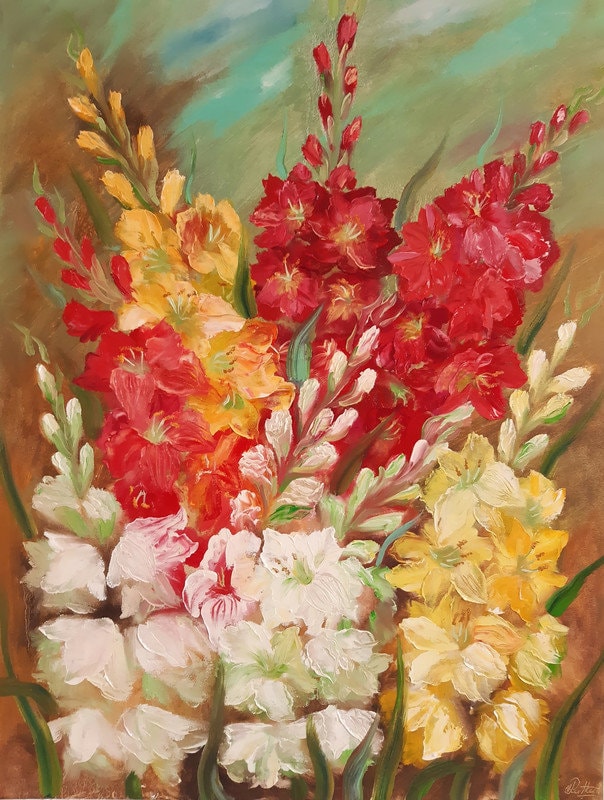 グラジオラスの花 」 絵画 油絵 油彩 アンティーク 花のグラジオラスを