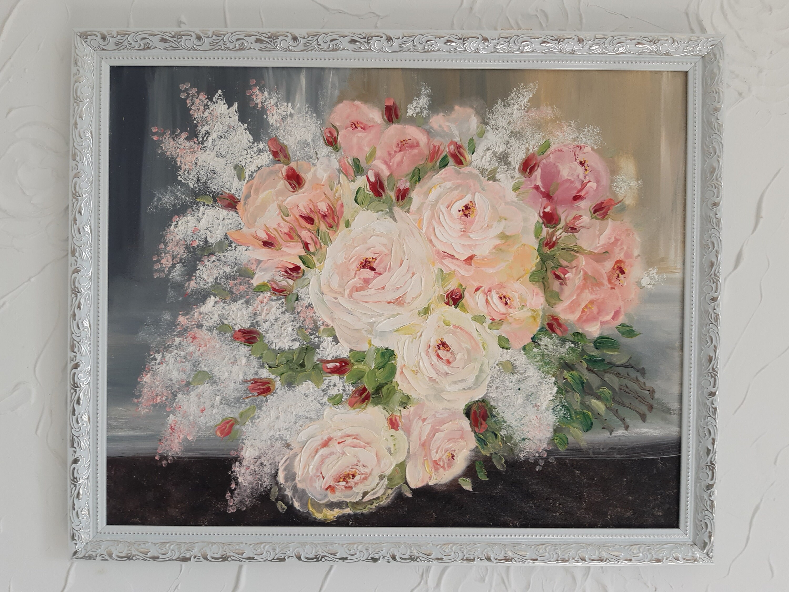Painted Painting Bouquet of Roses Oil Paint Framed Oil Etsy UK