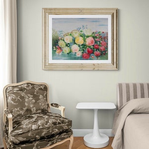 Tableau peint avec des fleurs Roses au bord de l'eau Huile sur toile Maison, Décoration murale, Cadeaux Original Single Art One