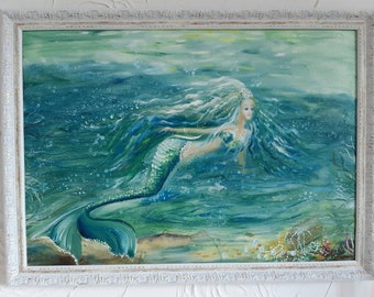 Painted painting with the sea , Mermaid holdings , oil on canvas,framed,home wall decor, gift, original, single,pictur,art,gift,large.