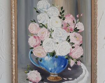 Painted painted ,picture,Bouquet of beautiful roses,framed,oil,cardboard,home decor, art,gifts,original,single.