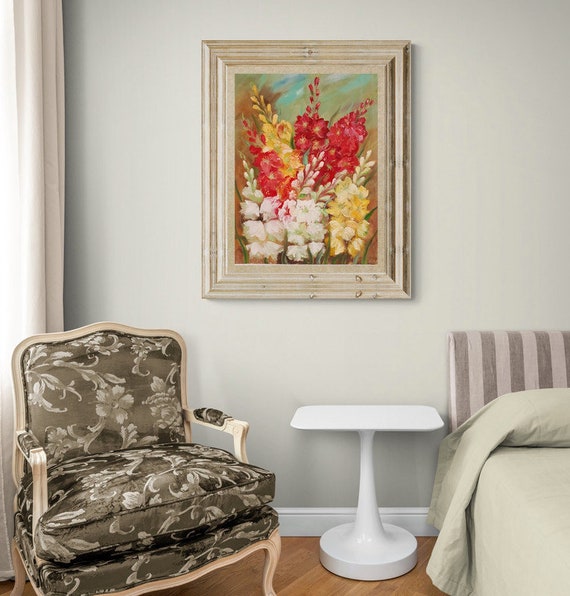 花のグラジオラスを描いた絵画。キャンバスに油絵。オリジナル